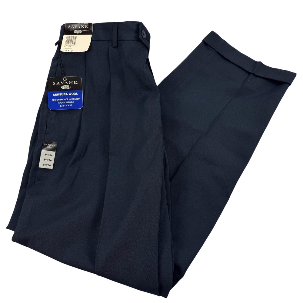 Savane Sensura Wool Dress Pants Mens 34x30 Navy Pleated Cuffed Office NEW